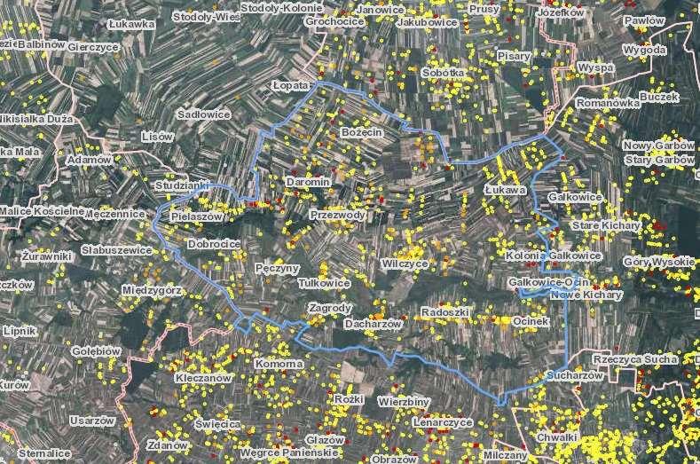 Mapa 3 Obszary gminy na których występuje azbest Źródło: http://esip.bazaazbestowa.gov.pl/geoserwis.