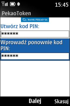 Po poprawnym wprowadzeniu kodu aktywacyjnego utwórz swój kod PIN do PekaoTokena. PIN może mieć długość od czterech do dziesięciu cyfr.