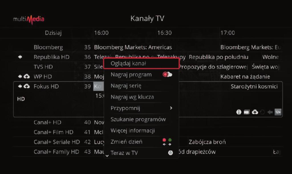 Poruszanie się po przewodniku możliwe jest za pomocą klawiszy strzałek na pilocie. Dodatkowe informacje o programach dostępne są za pośrednictwem klawisza INFO.
