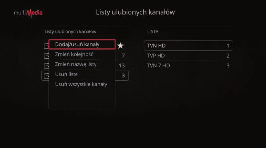 Na elektronicznej klawiaturze należy wpisać nazwę listy i zaakceptować zielonym przyciskiem. Kolejne okno umożliwi dodawanie kanałów za pomocą przycisku OK na wybranym kanale.