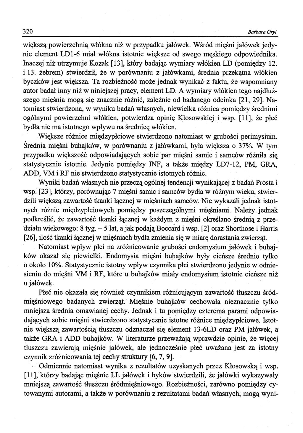 320 Barbara Oryl większą powierzchnią włókna niż w przypadku jałówek. Wśród mięśni jałówek jedynie element LD1-6 miał włókna istotnie większe od swego męskiego odpowiednika.