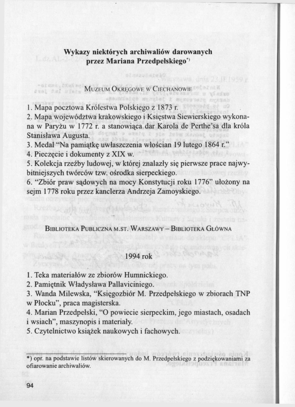 Wykazy niektórych archiwaliów darowanych przez Mariana Przedpełskiego*' MUZEUM OKRĘGOWE W CIECHANOWIE 1. Mapa pocztowa Królestwa Polskiego z 1873 r. 2.