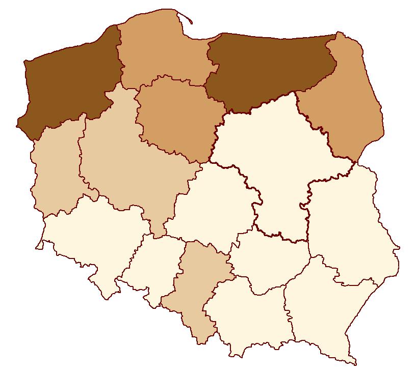 Udział nieużytków ogólnej powierzchni województw 3,0% do 3,3% (2) 2,0% do 3,0% (3) 1,0% do 2,0% (3) 0,4% do 1,0% (8) (w nawiasie podano