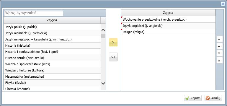 W kolejnym oknie wybierz zajęcia realizowane w oddziale, przenosząc je z listy po lewej stronie na listę po prawej stronie.