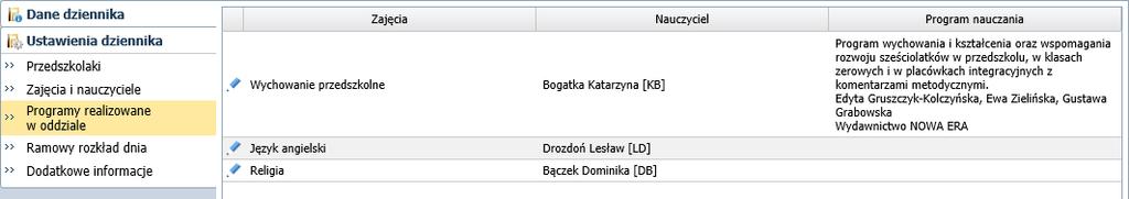Aby do zajęć realizowanych przez wybranego nauczyciela przypisać program nauczania, kliknij ikonę w wierszu zajęć i w wyświetlonym oknie, w polu Program nauczania wprowadź informacje na temat