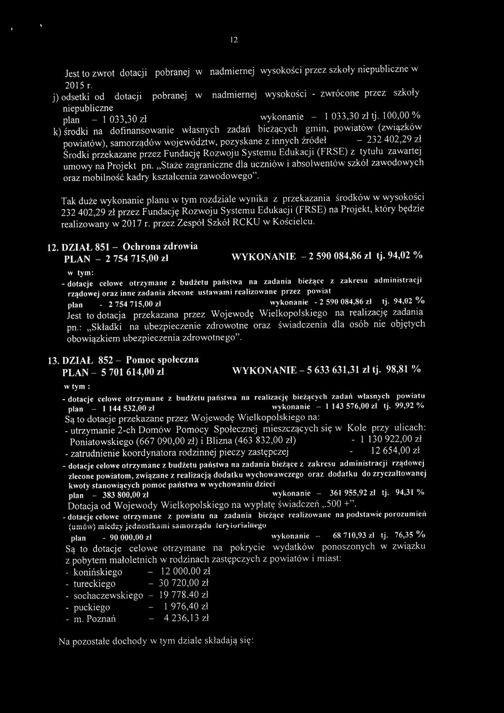 bieżących gmin, powiatów (związków powiatów), samorządów województw, pozyskane z innych źródeł - 232402,29 zł Środki przekazane przez Fundację Rozwoju Systemu Edukacji (FRSE) z tytułu zawartej umowy