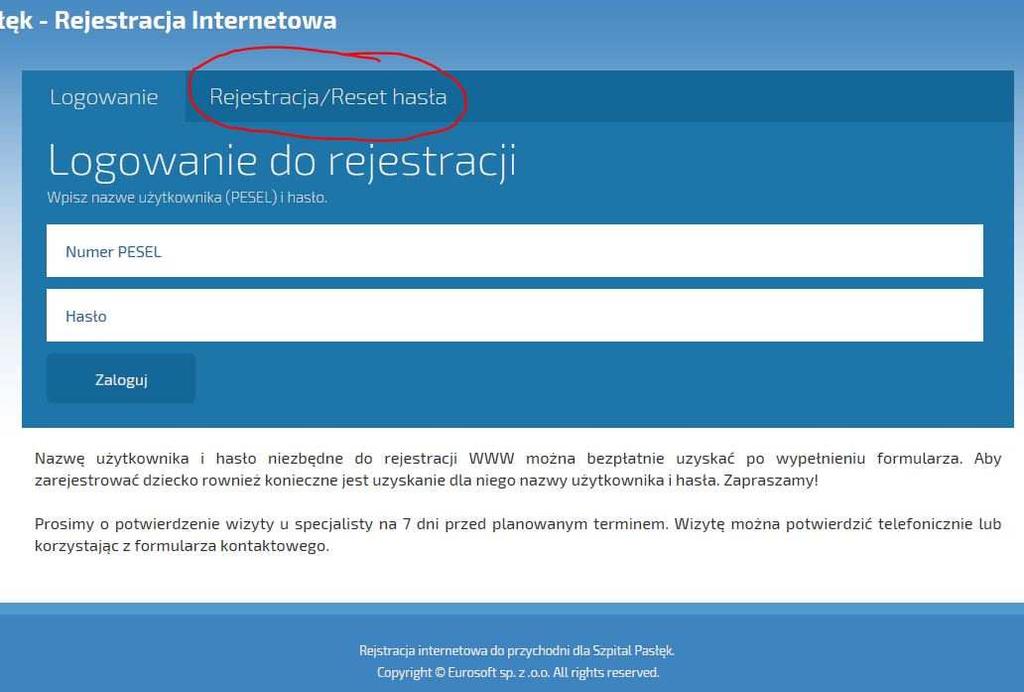 Ilustrowana instrukcja korzystania z rejestracji internetowej dla Szpitala Powiatowego Sp. z o.o. w Pasłęku. Krok 1.