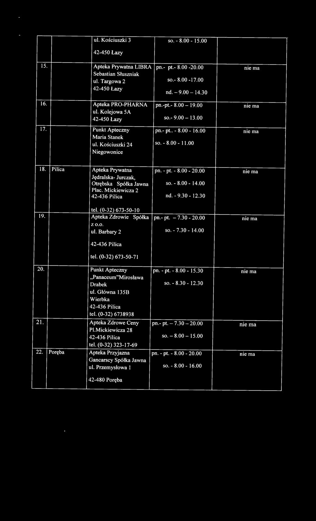 - pt. - 8.00-20.00 nie ma Jędralska- Jurczak, Otrębska Spółka Jawna SO. - 8.00-14.00 Plac. Mickiewicza 2 42-436 Pilica nd. - 9.30-12.30 tel. (0-32) 673-50-1 O 19. Apteka Zdrowie Spółka pn.- pt. - 7.