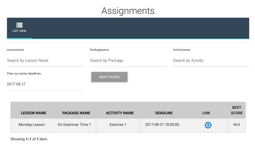 ASSIGNMENTS (ZADANIA DOMOWE) Na tej podstronie możesz zobaczyć zadania domowe zadane Ci przez nauczyciela. U góry znajdują się filtry wyszukiwania, dzięki którym możesz szybciej znaleźć zadanie.