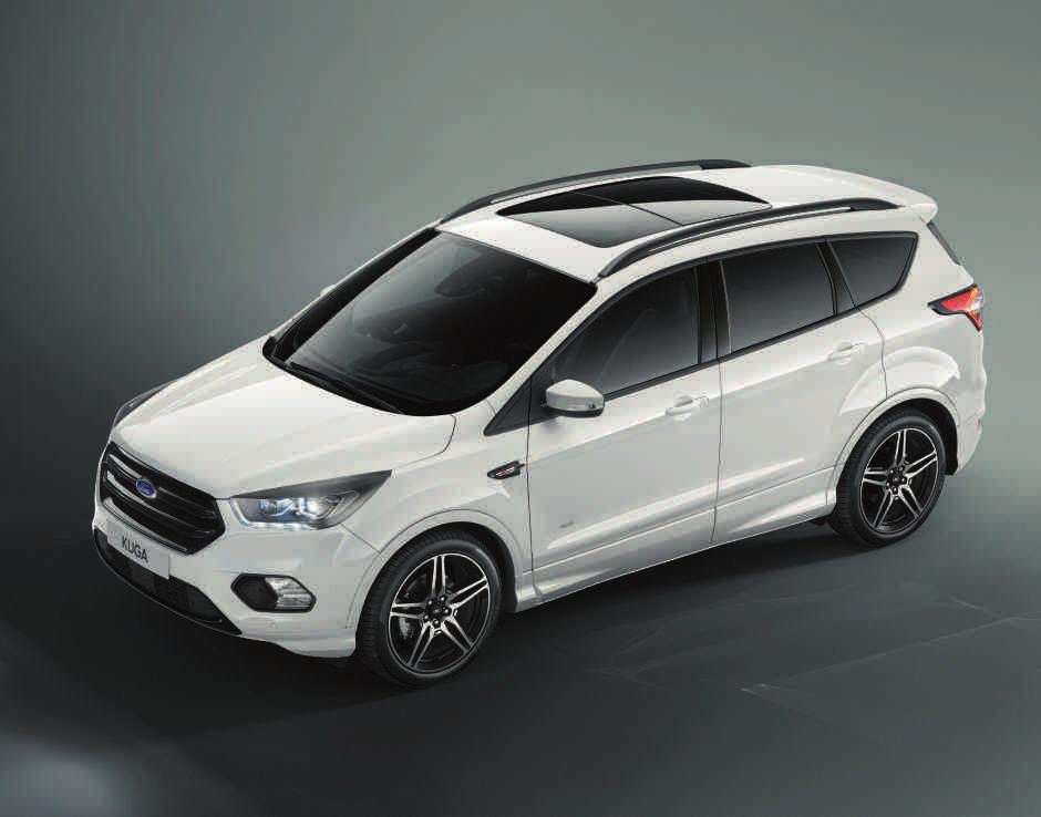 FORD KUGA Obręcze kół i ogumienie Opcja, dostępna za dopłatą Element pakietu wyposażenia dodatkowego, dostępny za dopłatą Ford Kuga ST-Line z lakierem zwykłym Frozen White (opcja), dużym tylnym