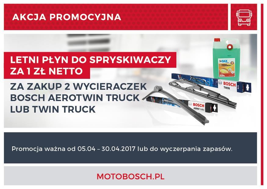 Wycieraczki Bosch Za jednorazowy zakup 2 wycieraczek z linii Aerotwin Truck lub Twin Truck marki Bosch,