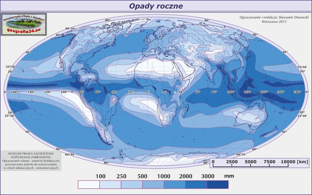 Szerokość geograficzna wywiera także wpływ na rozmieszczenie opadów na kuli ziemskiej.