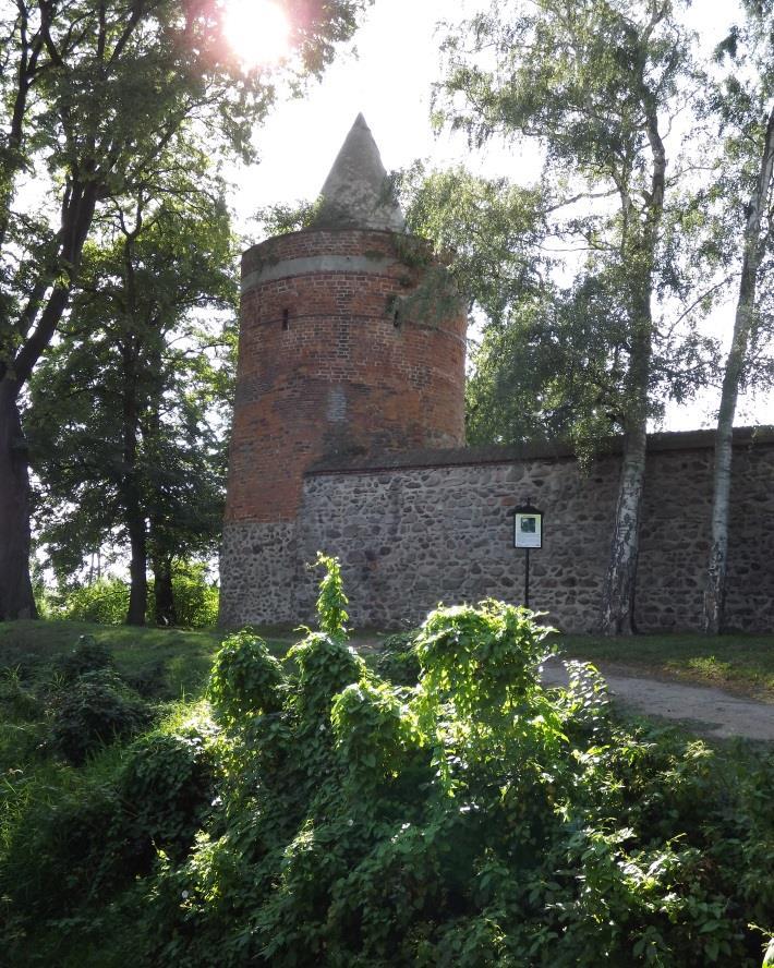 MURY MIEJSKIE WRAZ Z BASZTAMI Mury miejskie wybudowano wokół Ośna w pierwszej połowie XIV wieku z kamienia polnego. W ich obrębie znajdują się dwie bramy miejskie Sulęcińska i Frankfurcka.