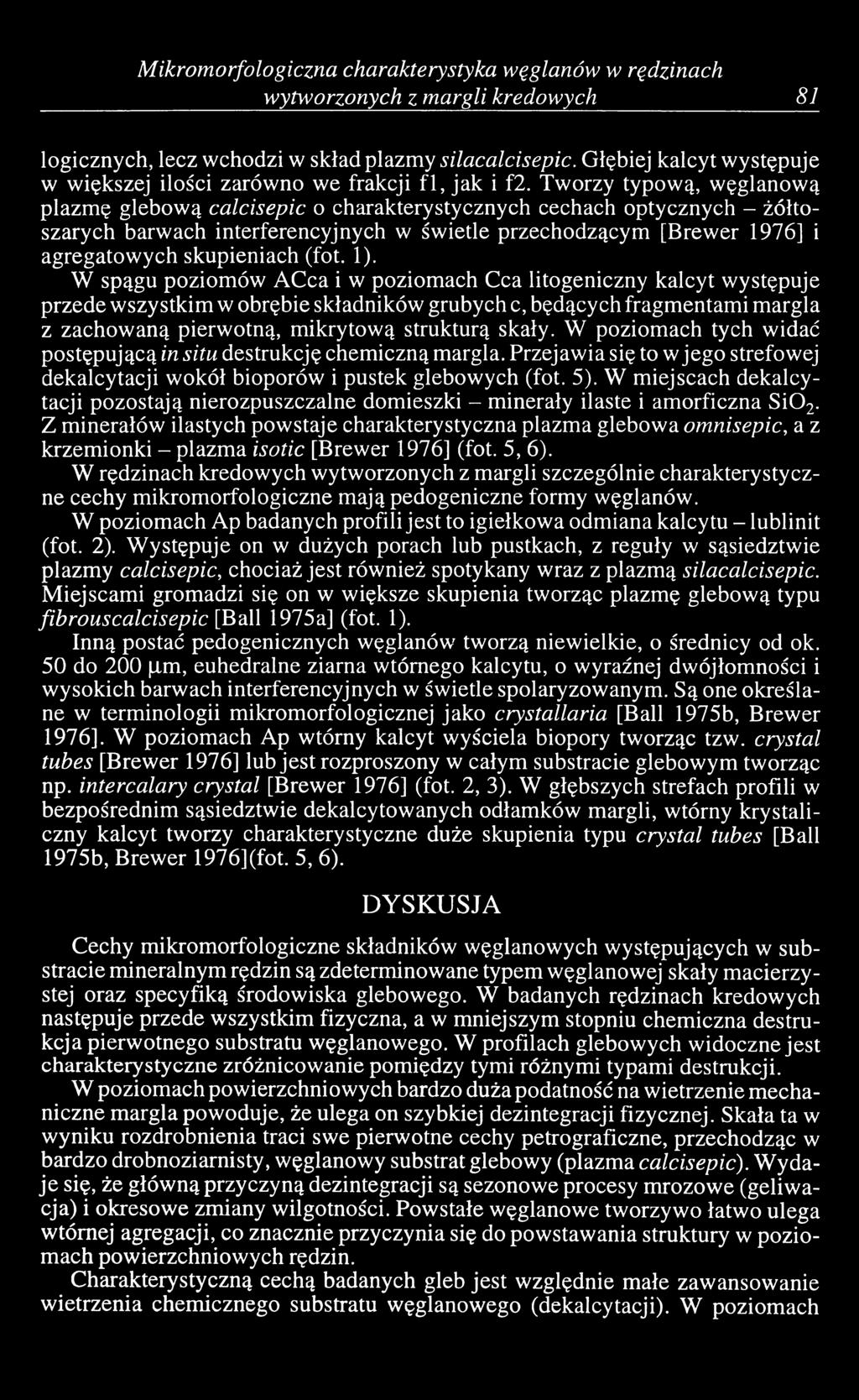 Tworzy typową, węglanową plazmę glebową calcisepic o charakterystycznych cechach optycznych - żółtoszarych barwach interferencyjnych w świetle przechodzącym [Brewer 1976] i agregatowych skupieniach