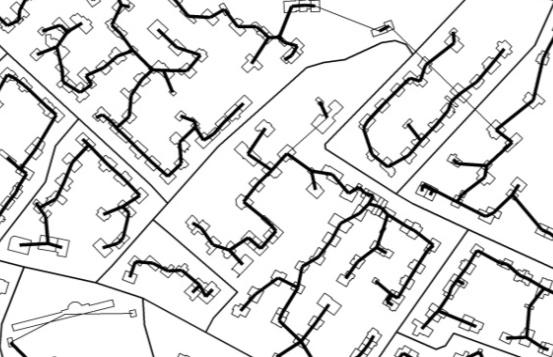 Minimalne drzewo rozpinaj¹ce (pogrubiona kreska) z uwzglêdnieniem warunków 7 i 9 dla skal: a pierwotnej, b 1: 10 000, c 1: 25 000 d 1: 50 000 Na podstawie warunku (16) mo na okreœliæ czy budynki