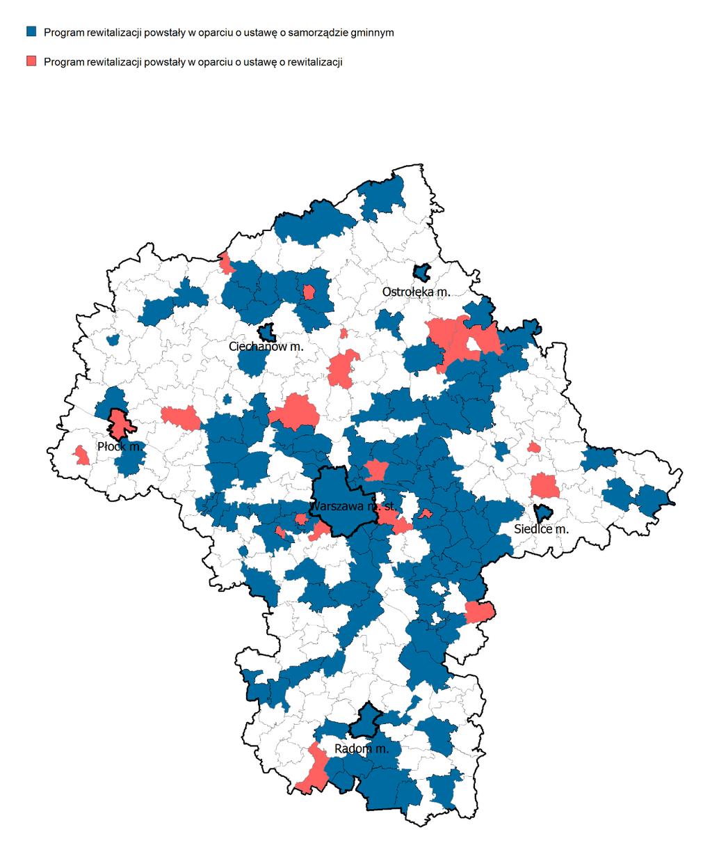 Wykaz programów rewitalizacji województwa mazowieckiego 138 gmin ma PR wpisane do wykazu programów rewitalizacji województwa mazowieckiego, w tym: 19 gminnych