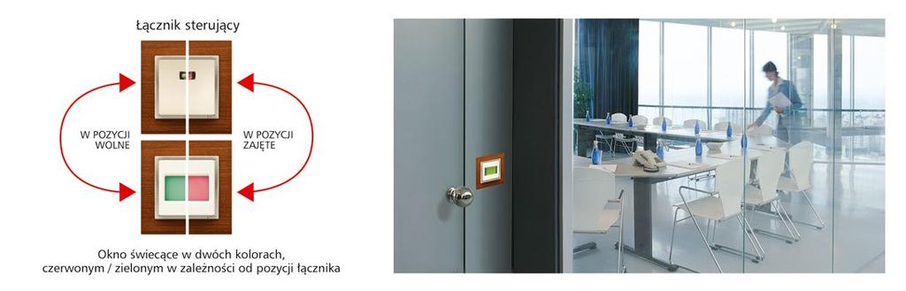 Biały Beżowy Grafit Aluminium 30 3 38 93 PRODUKTY INFORMACYJNE / ŚWIECĄCE Sygnalizator wolne / zajęte Kolorem zielonym lub czerwonym sygnalizuje dostępność pomieszczenia.