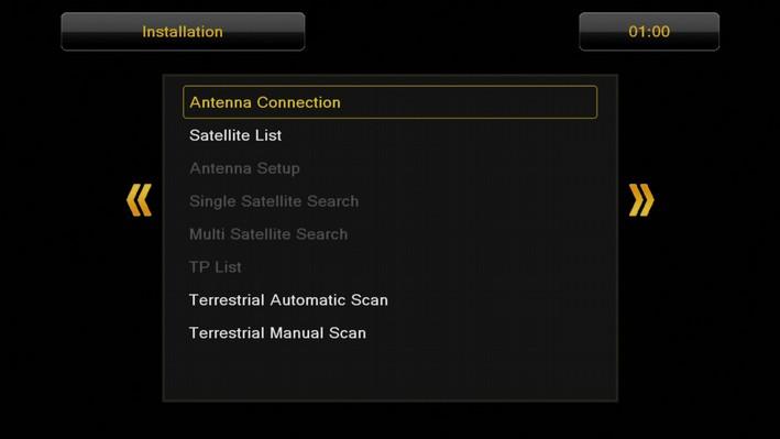 Instalacja Menu instalacja służy do ustawienia parametrów instalacji antenowej oraz do wyszukiwania kanałów na satelicie. 11.