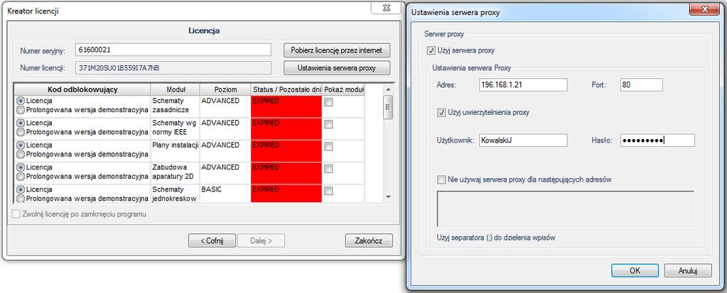 Opcja staje się aktywna po pierwszym pobraniu licencji. Po zaznaczeniu jej w oknie "Licencja" licencja zostanie zwolniona po zamknięciu programu.