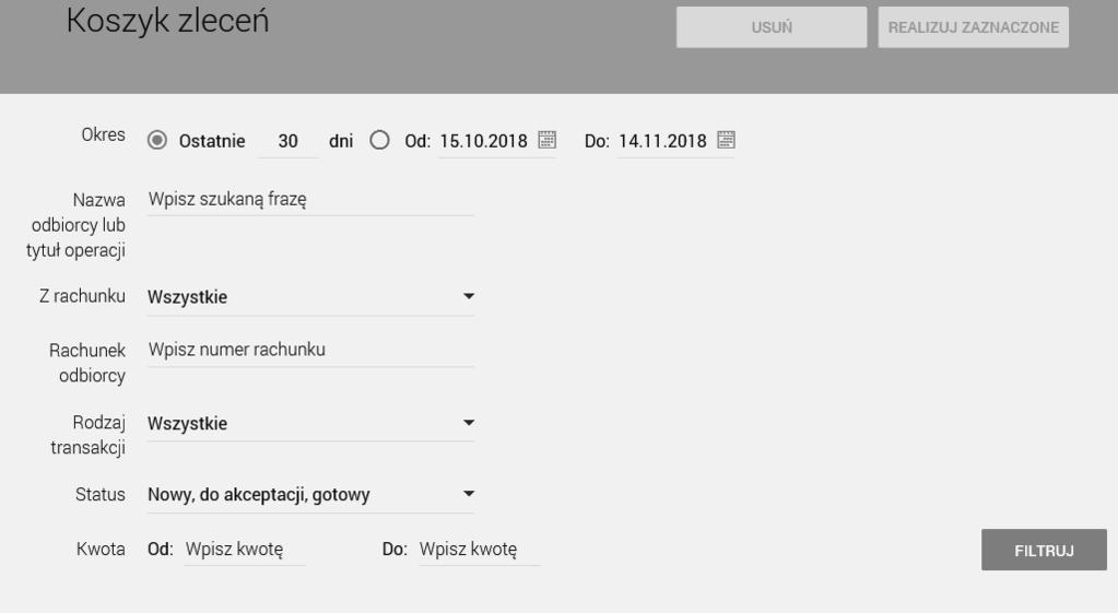 System umożliwia filtrowanie listy płatności w koszyku po wybraniu opcji FILTROWANIE lub ikony znajdującej się nad listą, a następnie po wpisaniu danych w polu wyszukiwania takich jak: data