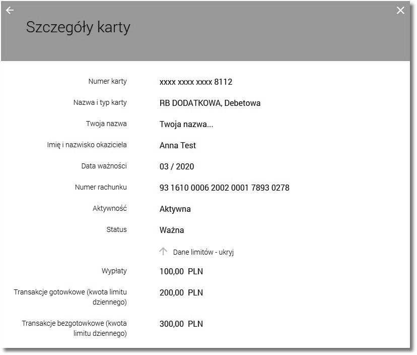 Modyfikacja nazwy własnej karty W celu ułatwienia identyfikacji karty, użytkownik z poziomu listy kart oraz szczegółów karty ma możliwość modyfikacji nazwy własnej za pomocą ikonki znajdującej się