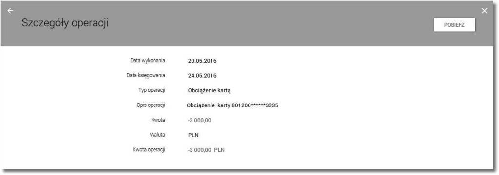 Przeglądanie szczegółów pojedynczej operacji wykonanej kartą Aby przejść do szczegółów wybranej operacji kartowej należy z poziomu historii karty, dla wybranej operacji wybrać odnośnik SZCZEGÓŁY