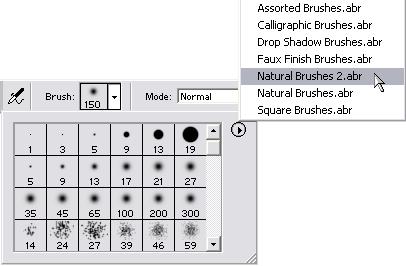 20 Lekcja 5 2 Na pasku opcji dla narzędzia Airbrush Tool rozwiń paletę dostępnych rodzajów pędzli a następnie wybierz z menu palety pozycję Natural Brushes 2.abr.