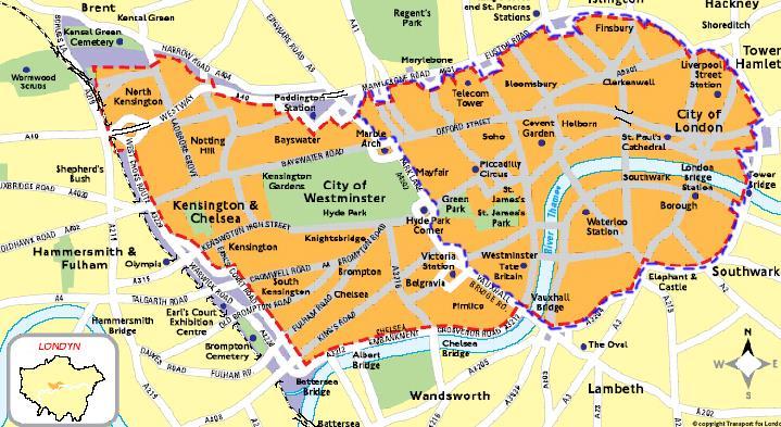 London Congestion Charge (2000) Zasięg strefy Po 2007