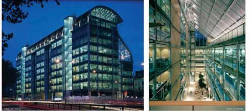 Budynek Welcome Trust, Londyn, Wielka Brytania [własność autora] Aktywne wykorzystanie fasady do zapewnienia wentylacji niekoniecznie wymaga stosowania ściany dwuwarstwowej.