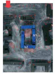 Prze pływ po wie trza przez kwar tał 3 w wa riancie 2 przy wie trze od pół no cy (oznaczenia b1 i b2 określają położenie wprowadzonych bram), fotografia z badań tunelowych metodą olejową, fot. A.