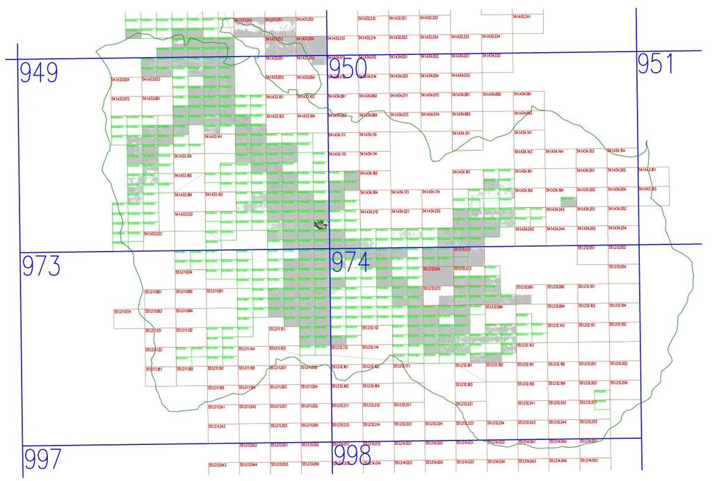 Rys.2 Poglądowa mapa pokrycia pierworysami mapy zasadniczej na tle podziału sekcyjnego w układzie 1965. 2.3 Ilość wszystkich operatów z jednostek segregujących 949, 950, 973 i 974 to około 7800 szt.