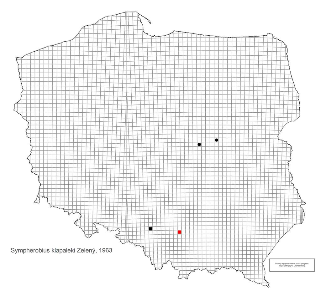 Ryc. 2. Rozsiedlenie Sympherobius klapaleki Zelený, 1963 w Polsce: czarna kropka Czechowska 1982, czarny kwadrat Dobosz & Maciąg 1999, czerwony kwadrat Ojcowski Park Narodowy. Fig. 2. Distribution of Sympherobius klapaleki Zelený, 1963 in Poland: black dot Czechowska 1982, black square Dobosz & Maciąg 1999, red square the Ojców National Park.