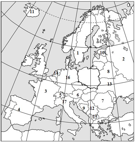 Zadanie 9 (0 12 pkt) Na poniższym schemacie mapy politycznej liczbami od 1 do 17 zaznaczono wybrane państwa Europy.