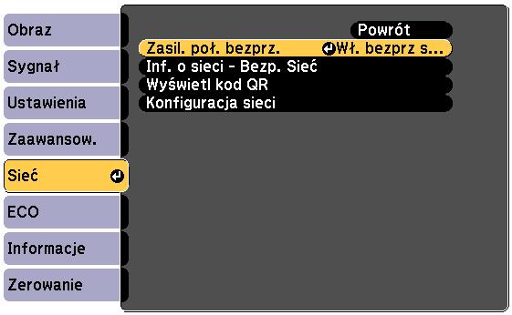 Projekcj przez sieć bezprzewodową 81 c Wybierz Wł. bezprz sieci LAN, jko ustwienie Zsil. poł. bezprz. f Wybierz podstwowe opcje, zgodnie z potrzebmi.