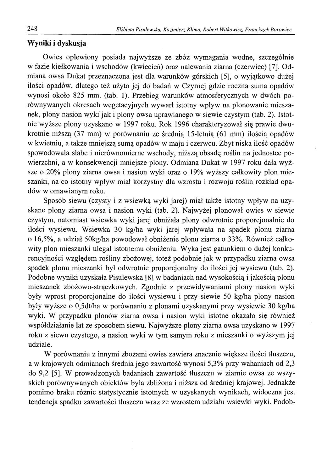 248 Elżbieta Pisulewska, Kazimierz Klima, Robert Witkowicz, Franciszek Borowiec Wyniki i dyskusja Owies oplewiony posiada najwyższe ze zbóż wymagania wodne, szczególnie w fazie kiełkowania i wschodów