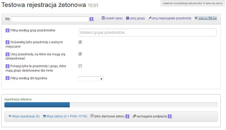 o Aktywna tura pozwala na zapis tylko uprawnionym osobom; o Przedmiot zawiera tylko grupy dedykowane innym osobom; o Przed rejestracją na przedmiot jest wymagane wypełnienie testu poziomującego; o