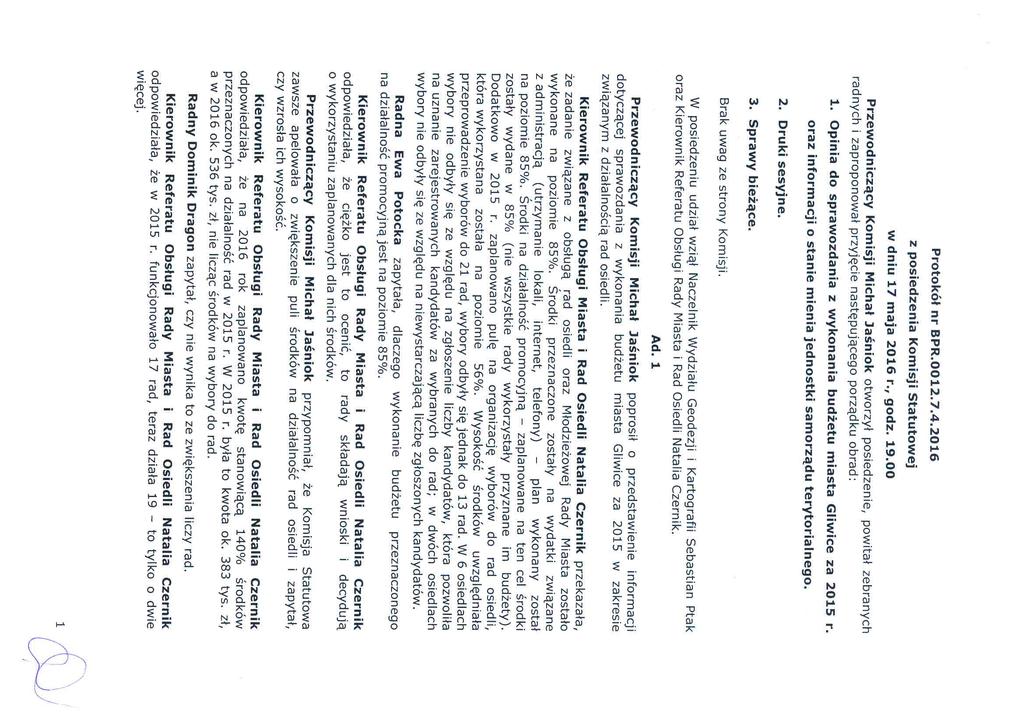 Protokół nr BPR.0012.7.4.2016 z posiedzenia Komisji Statutowej w dniu 17 maja 2016 r., godz. 19.