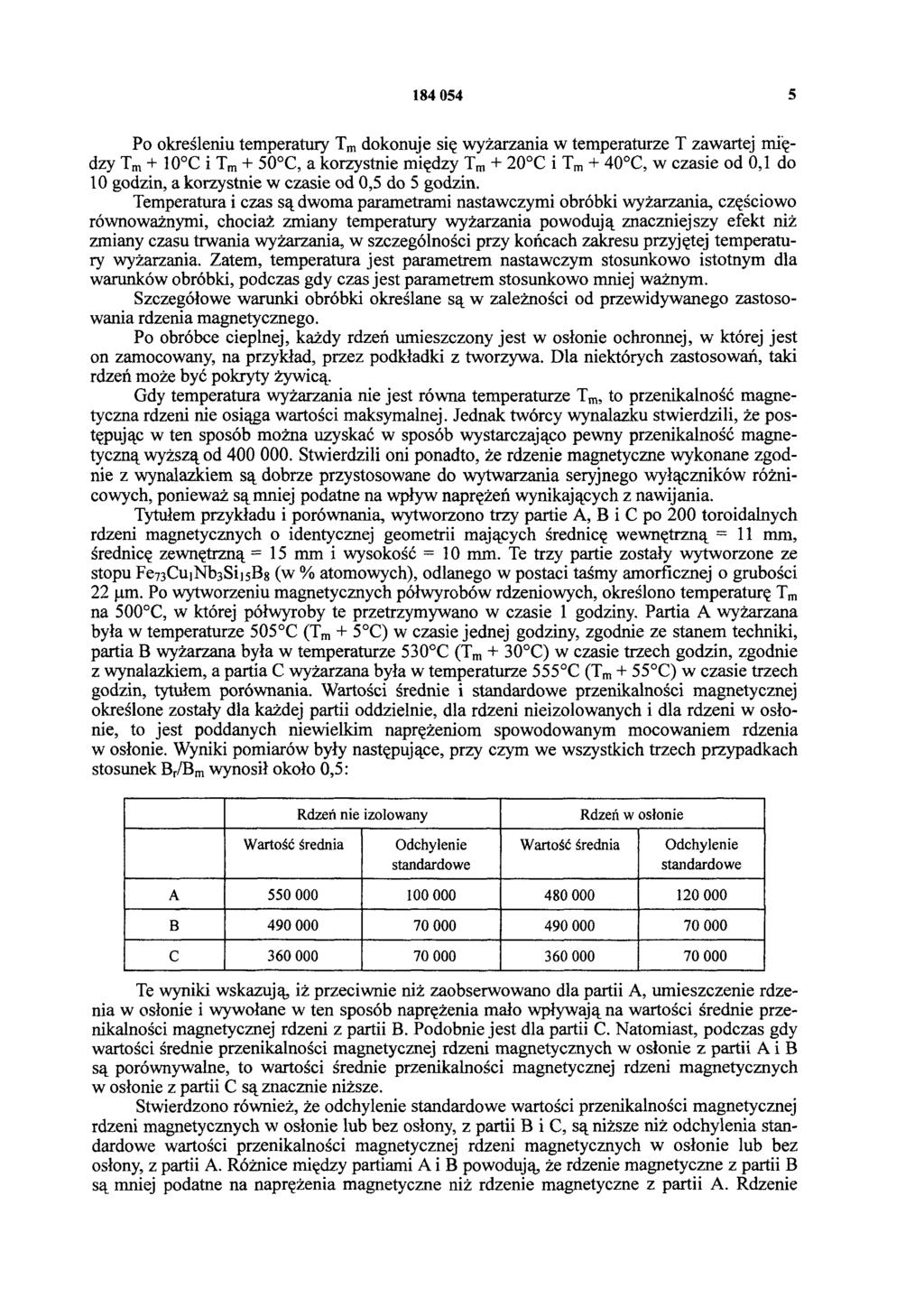 184 054 5 Po określeniu temperatury Tmdokonuje się wyżarzania w temperaturze T zawartej między Tm+ 10 C i Tm + 50 C, a korzystnie między Tm + 20 C i Tm+ 40 C, w czasie od 0,1 do 10 godzin, a
