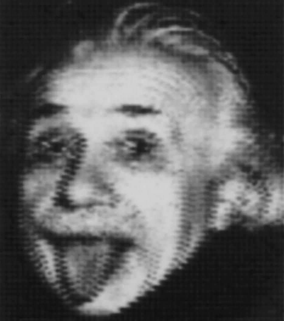 Obraz Alberta Einsteina uzyskany w GSI przy zastosowaniu rastrowego systemu skanowania na wiązce węgla o energii 430 MeV/u i rozmyciu 1,7 mm i (FWHM).