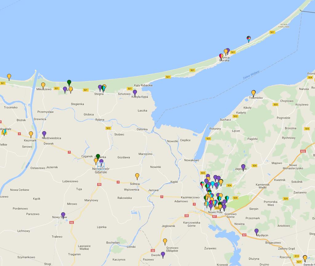 Rysunek 5. Bazowe stacje telefonii komórkowej w okolicach Nowego Dworu Gdańskiego. Źródło: www.btsearch.