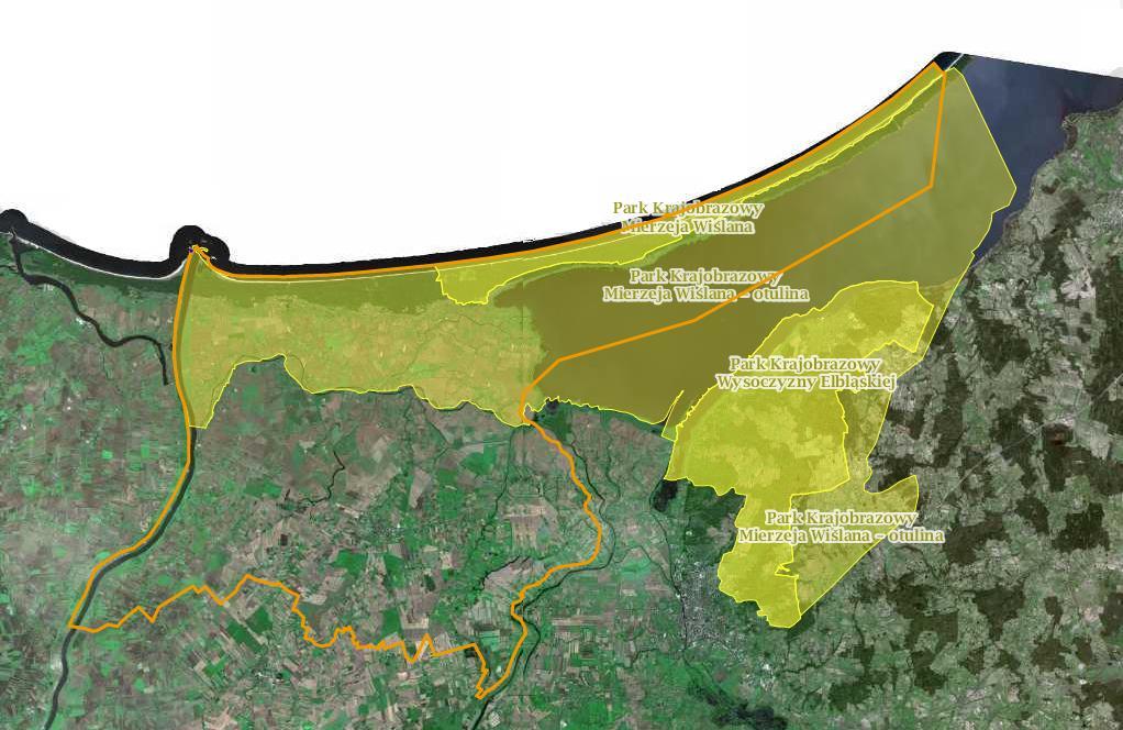 Rysunek 16. Park Krajobrazowy Mierzeja Wiślana na tle Powiatu Nowodworskiego. Obszary Chronionego Krajobrazu Źródło: www.geoserwis.gdos.gov.