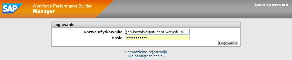 Uwaga: hasło musi być utworzone zgodnie z zasadami określonymi w dokumencie Wytyczne do pracy w systemie Platforma elearningowa SAP dostępnego na stronie Wydziału Cybernetyki (ścieżka dostępu Usługi