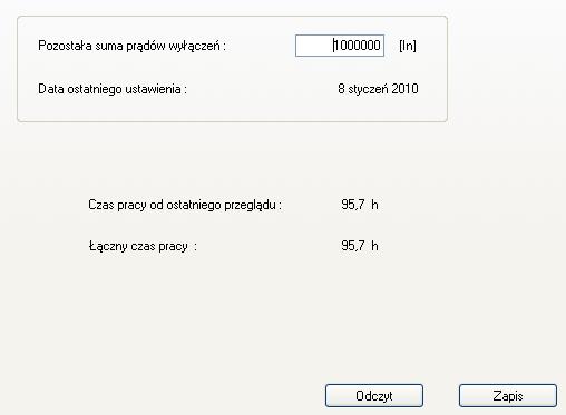 7. Liczniki czasów pracy i sumy prądów wyłączeń Funkcja rozszerzona czasu pracy od ostatniego przeglądu oraz łącznego czasu pracy służy do diagnostyki samego zabezpieczenia dla służb serwisowych.