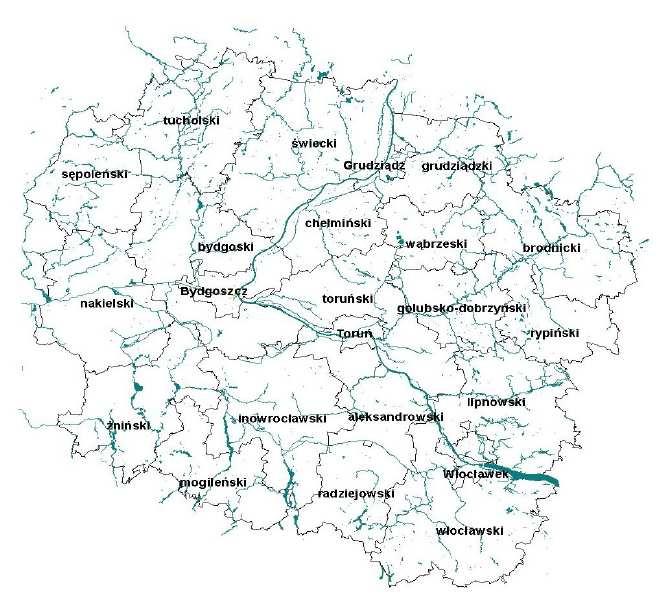 Ilustracja: Sieć hydrologiczna woj. kujawsko-pomorskiego 7.10 Problemy ochrony środowiska istotne z punktu widzenia RPO 1.