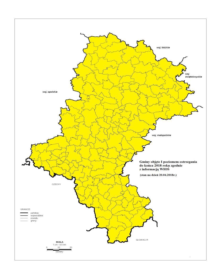 I poziom ostrzegania w roku 2018 stan na 20 kwietnia Wojewódzki Inspektorat Ochrony Środowiska w dniu 20 kwietnia 2018 roku przekazał informację o kolejnych gminach objętych I poziomem ostrzegania