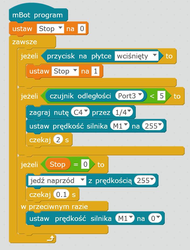 omijania przeszkód. Można wykorzystać szkielet programu z poprzedniej części zajęć. Program powinien działać tak, że gdy robot zbliży się na określoną przez nas odległość, obróci się i pojedzie dalej.