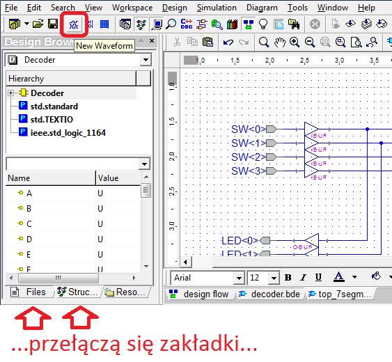 c) Otwieramy okno przebiegów czasowych, przyciskając na pasku narzędzi przycisk New Waveform. Rys. 39. Zmienione zakładki Design Browser i ikona skrótu otwierająca okno do analizy działania układu.