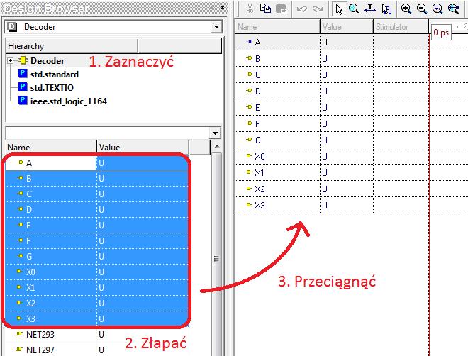 Aby w oknie przebiegów czasowych móc edytować wymuszenia i obserwować zmiany stanów sygnałów w funkcji czasu, należy wprowadzić do niego wybrane ze struktury projektu sygnały.