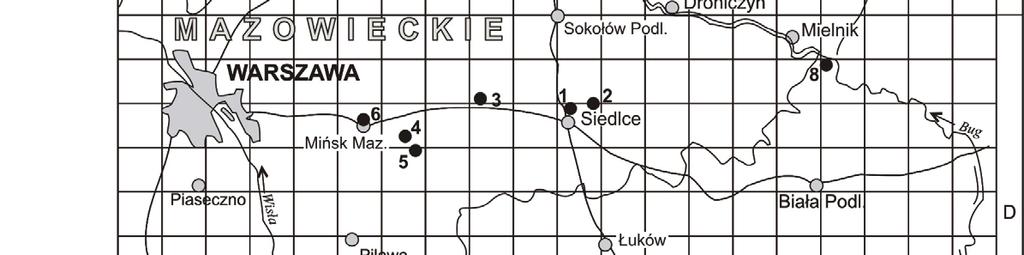 Wpływ barszczu Sosnowskiego (Heracleum sosnowskyi Manden.) na strukturę... 41 WYNIKI BADAŃ Wykonano 20 zdjęć fitosocjologicznych w 8 miejscowościach Polski środkowo-wschodniej (rys. 2).