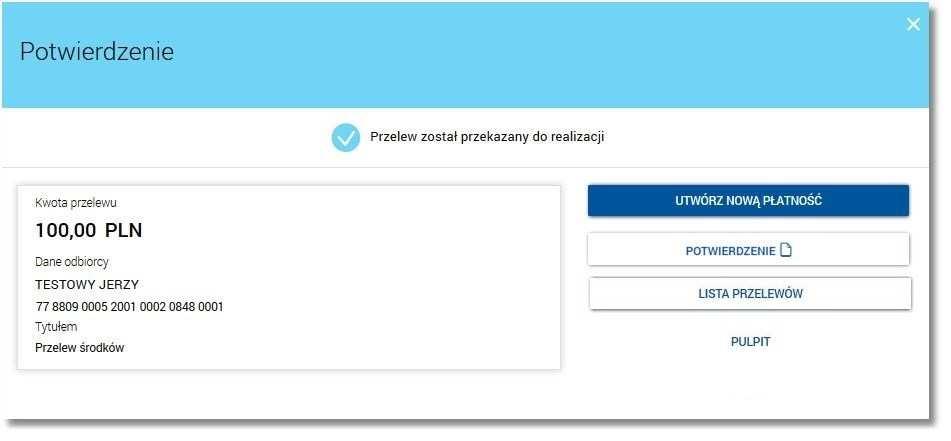 W celu wysłania przelewu między własnymi rachunkami należy użyć przycisku [AKCEPTUJ]. Operacja nie wymaga autoryzacji.